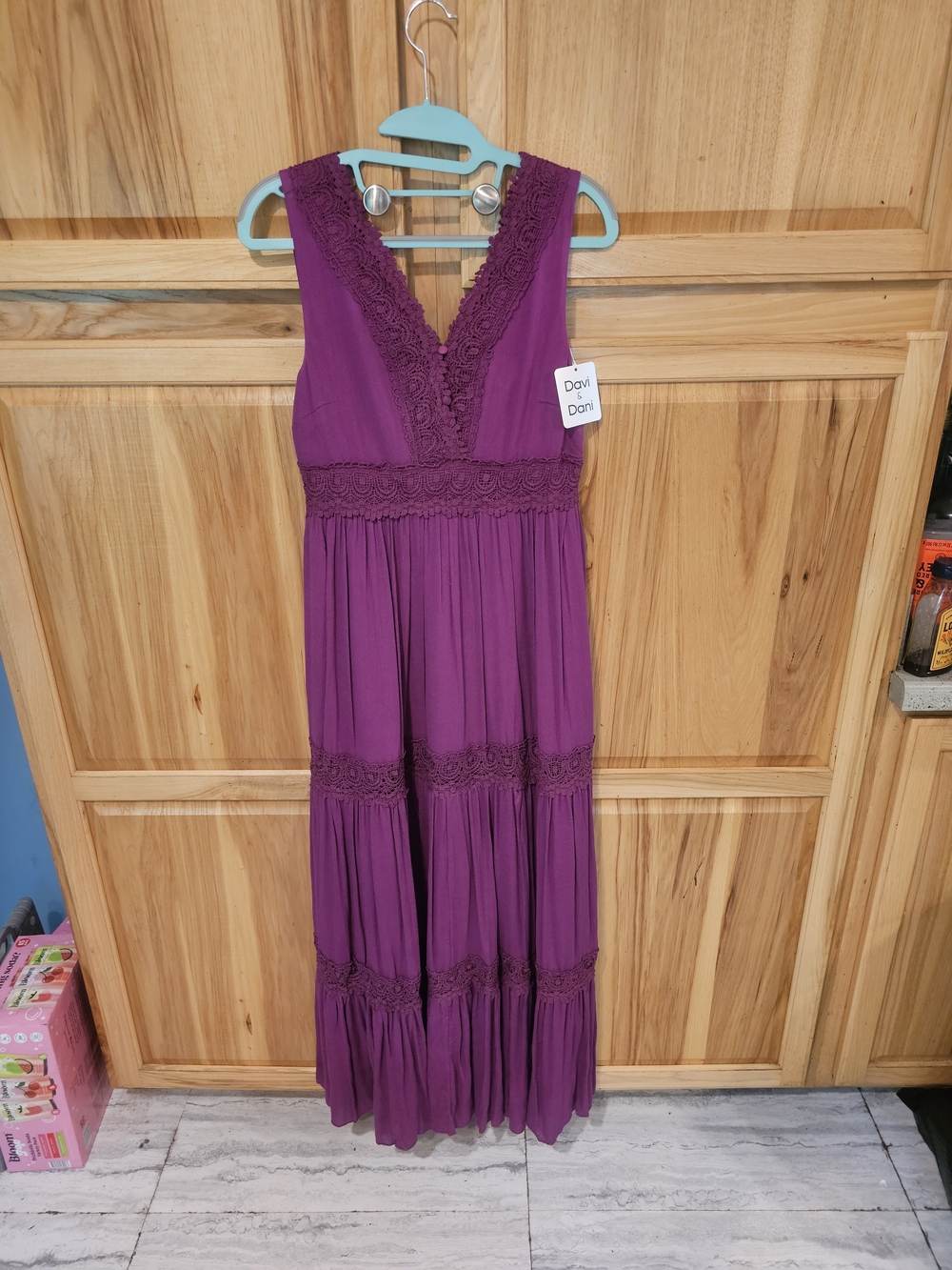 DAVI & DANI Plum Lace-Trim Tiered Maxi Dress